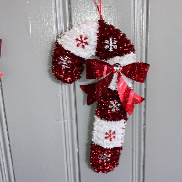 NWT Set of 2- Red & White Tinsel Candy Cane Bedazzled ❄️ Holiday Decorations - Picture 4 of 8